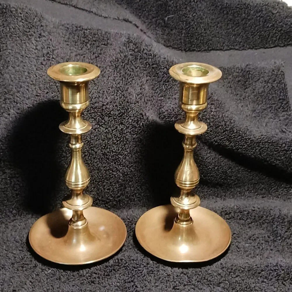 Brass 7 in. tall candlesticks Machine turned 1950-1970 with W makers mark